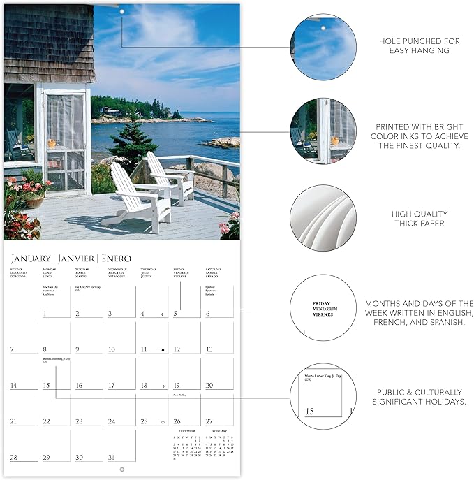 Graphique 2024 On the Porch Wall Calendar | 12” x 12” | Thick Paper | Home & Office Organizer | Large Monthly Grid | 3 Languages & Marked Holidays | 4 Month Preview Page for 2025