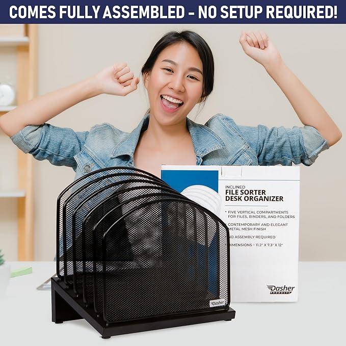 Dasher Products Inclined File Sorter Desk Organizer - File Rack with 5 Upright Sections for Documents, Binders, Folders, Clipboards, and More. Desktop Organization for Home, Office, School, and Store