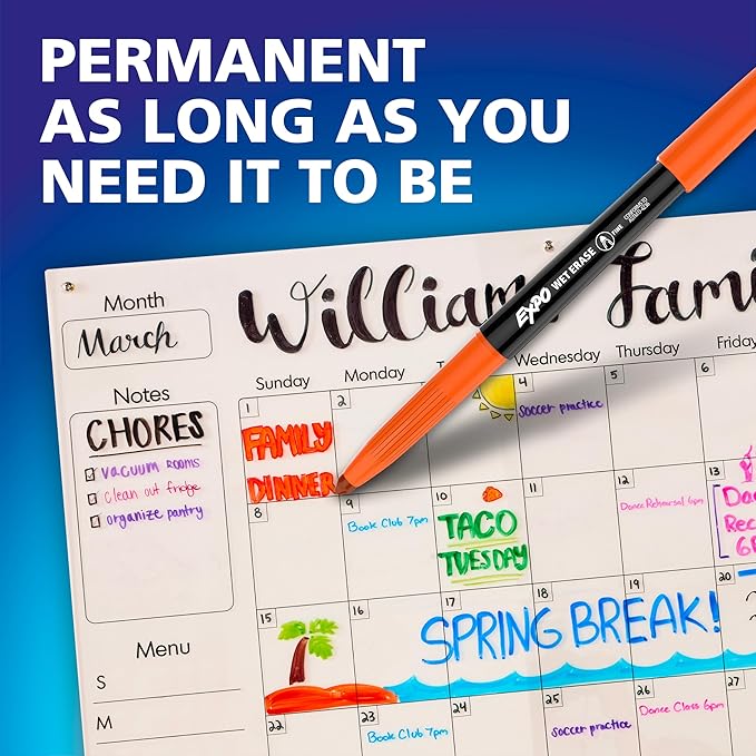 EXPO Wet Erase Markers, Semi-Permanent Markers, Assorted, Fine Tip, 8 Count