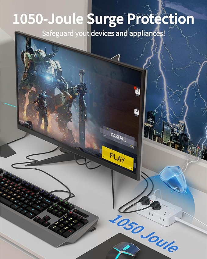 Surge Protector Power Strip with Flat Plug, 3 FT Extension Cord with 6 AC Outlets 4 USB Ports,1050J Surge Protection, Wall Mountable Charging Station for Office, Home, White