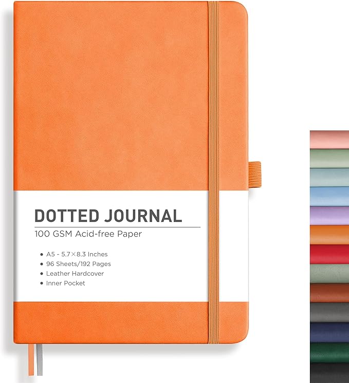 RETTACY Bullet Dotted Journal, A5 Dotted Notebook Journal with 192 Pages, 5.7'' × 8.3'', Medium Size, 100 GSM Thick Paper, Leather Hardcover, Bullet Journaling, Planning (Orange)