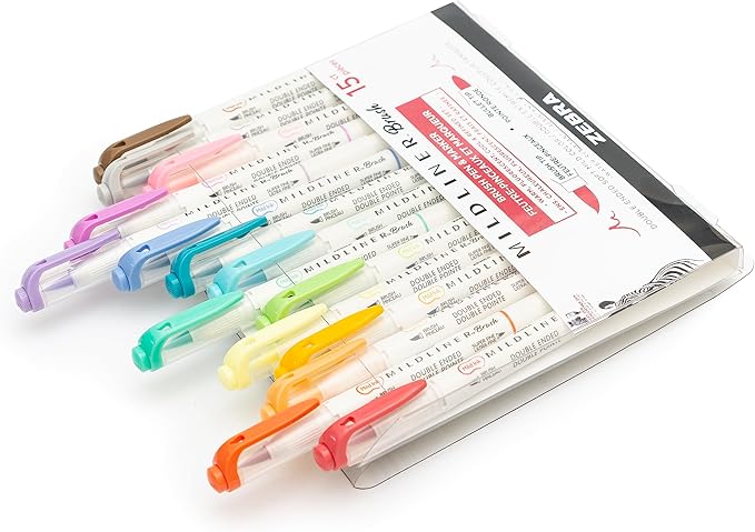 Zebra Pen Mildliner Brush Marker, Double Ended Brush and Fine Tip Pen, Assorted Soft Colors, 15 Count (Pack of 1)