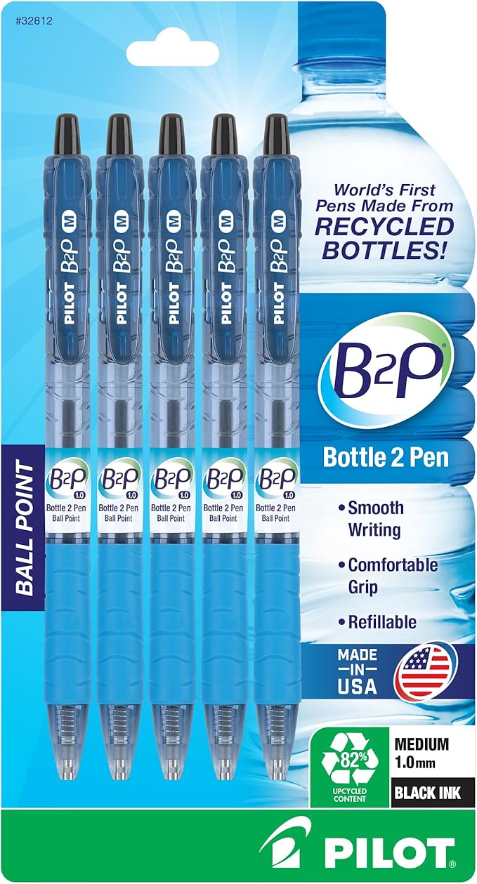 PILOT B2P - Bottle to Pen Refillable & Retractable Ball Point Pen Made From Recycled Bottles, Medium Point, Black Ink, 5-Pack (32812)