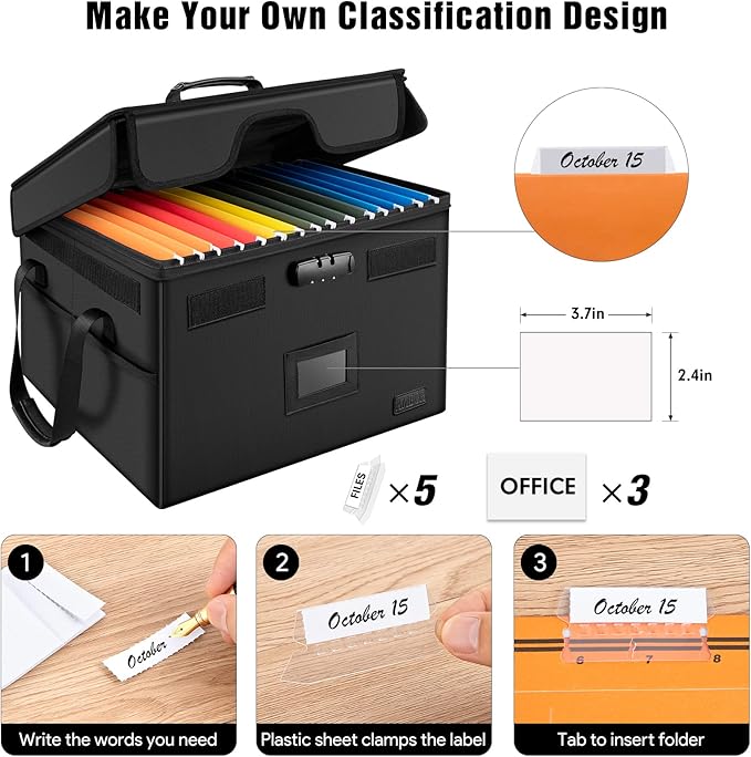 AMBOR File Box with Lock, Fireproof Document Box with 5 Tabs, Collapsible File Organizer with Handle for Home Office for Letter & Legal Folder/Certifications/Books Storage, Black