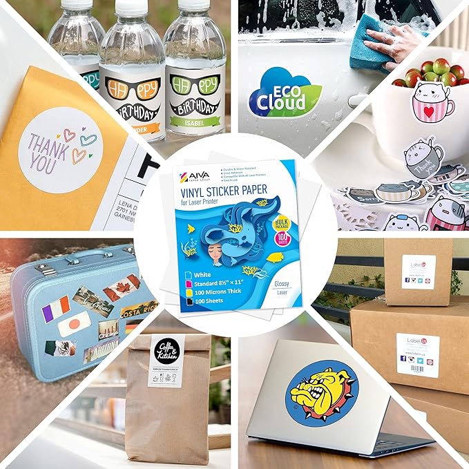 Printable Vinyl Sticker Paper for Laser Printer - Glossy White - 100 Self-Adhesive Sheets - Waterproof Decal Paper - Standard Letter Size 8.5"x11"