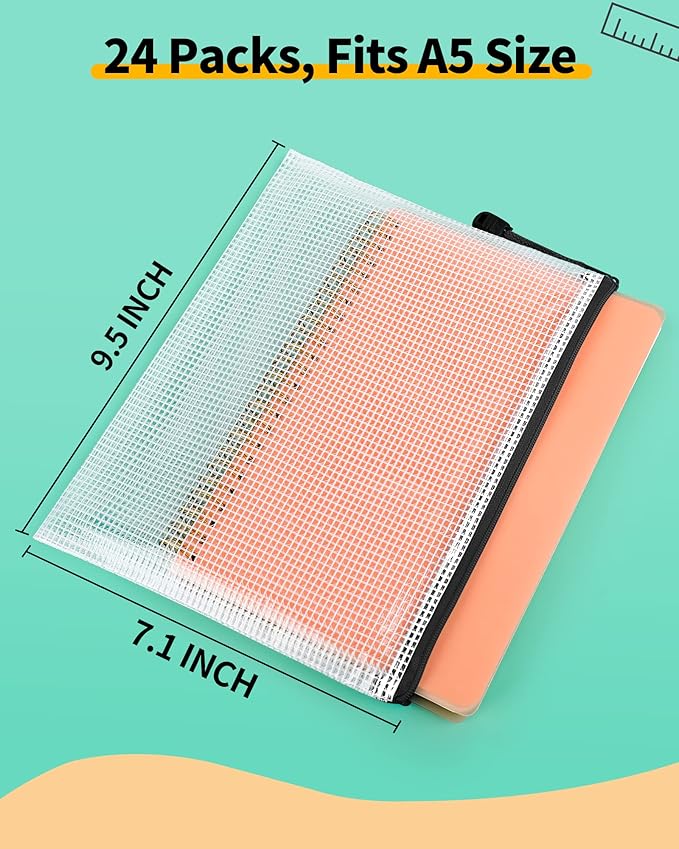 Smarpau A5 Mesh Zipper Pouch, 24 Pack 9.5" x 7.1" Plastic Zipper Pouches for Organizing, Multipurpose Waterproof Zipper Bags for Travel, Office, Home Storage, Black
