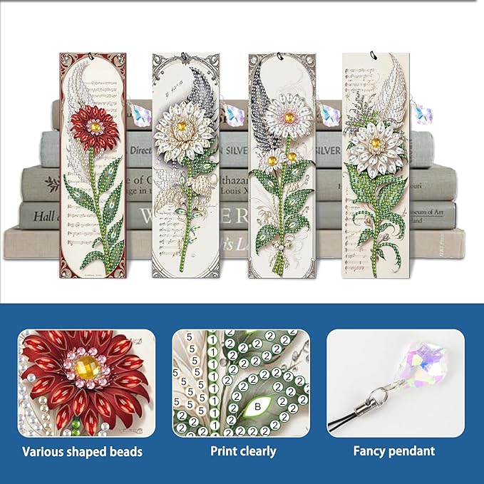 4-Piece 5D Diamond Painting Floral Bookmarks Set, DIY Craft Kit with Colorful Rhinestones, Flower Design Diamond Art Craft Bookmarks with Tassels, Ideal for Adults, Great Gift for Book Lovers