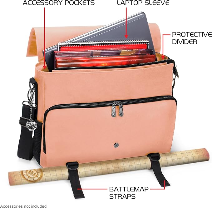ENHANCE Collector's Edition RPG Player's Essentials DND Bag - Dragon Hide Exterior Messenger Bag Fits 2-4 Books, Binders, Dice & Accessories, with 17 inch Laptop Slot, Battlemap Straps (Dragon Pink)