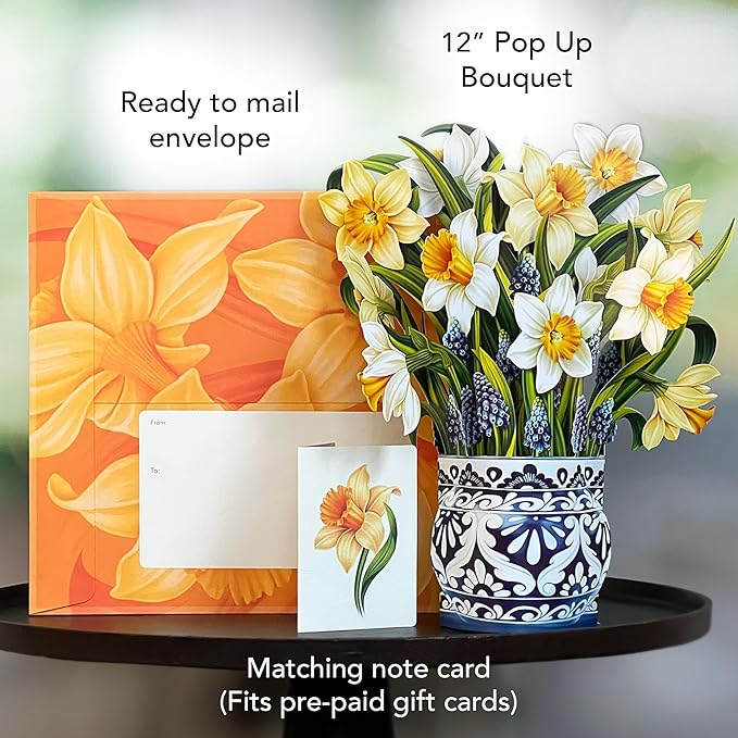 Freshcut Paper Pop Up Cards, English Daffodils 12 inch Paper Flower Bouquet Greeting Cards with Blank Note Card & Envelope, Birthday Gifts for Women