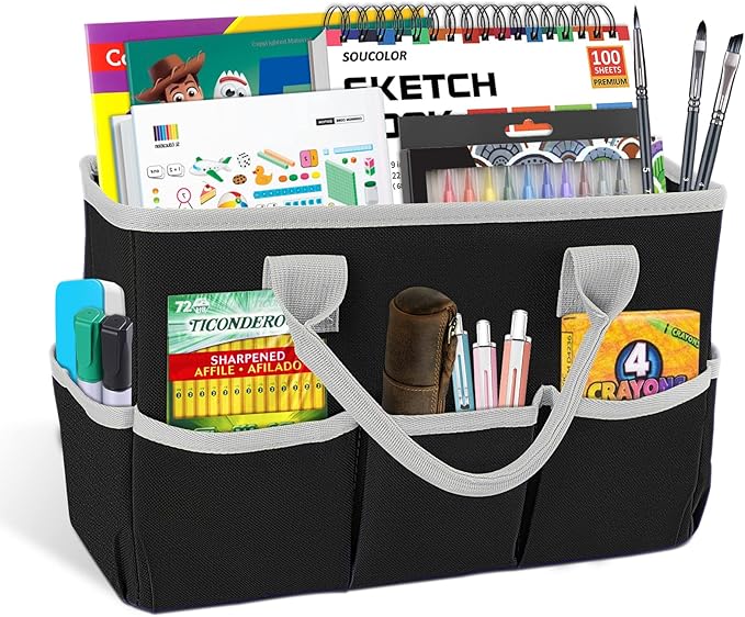 Godery Desktop Tote and Organizer, Teacher Helper Bag for Arts, Books, Stationery, Office Desk Organization, Make-up Storage with Handles for Travel (BLACK-2)