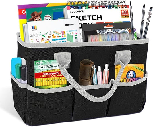Godery Desktop Tote and Organizer, Teacher Helper Bag for Arts, Books, Stationery, Office Desk Organization, Make-up Storage with Handles for Travel (BLACK-2)