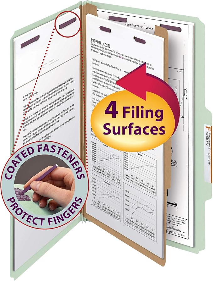 Smead Pressboard Classification File Folder with SafeSHIELD Fasteners, 1 Divider, 2" Expansion, Legal Size, Gray/Green, 10 per Box (18776)