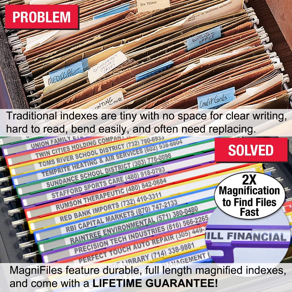 Ultimate Office MagniFile Insertable Hanging File Folder Tabs. Indexes That Double The Size of Your File Titles to Find Files Fast! (Set of 10), Assorted