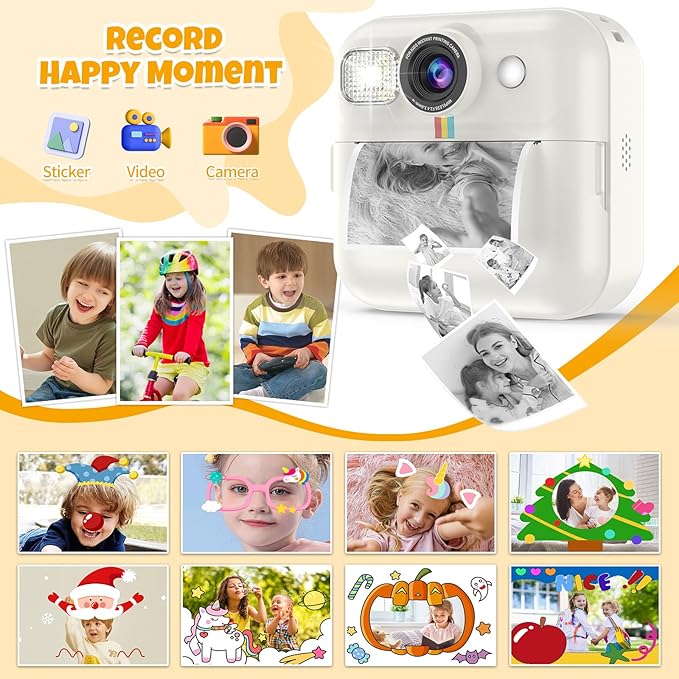 Kids Instant Print Camera for Girls Age 3-8, Toddler Travel Selfie Video Camera Toys with Color Pens (White)