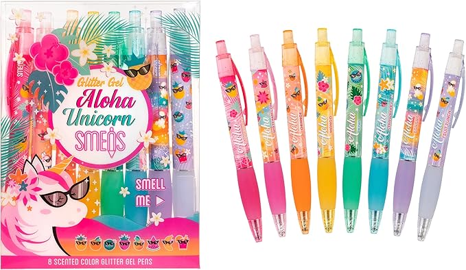 Glitter Gel Smens (2 Pack) - Aloha Unicorn Scented Pens, Colored Glitter Gel Ink, Medium Point, 8 Count