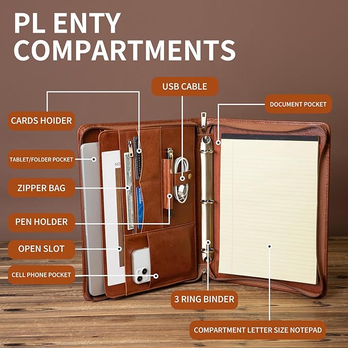 YIWEN Handmade Crazy-Horse Leather 3 Ring Binder Portfolio Padfolio Folder with Zipper for Men and Women, Business Organizer for Letter A4 Size for Meeting and Travel (Non-custom, Oil Wax-brown)