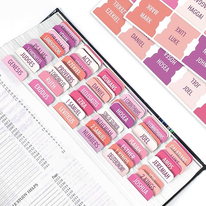 Pink Bible Tabs, 90 Large Print Bible Index Tabs for Study Bible, Laminated Easy-to-Read Label, Christian Gift for Women, Men, Kids