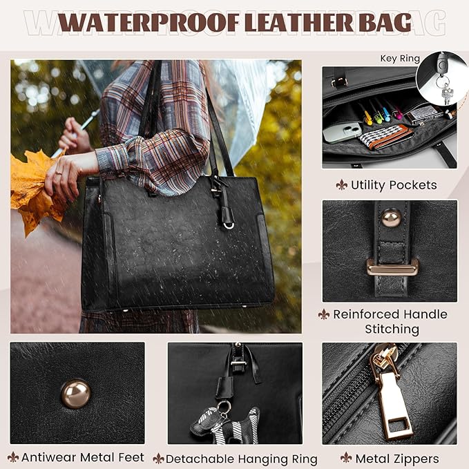 RAINSMORE Laptop Bag for Women 15.6 Inch Vintage Leather Professional Work Tote Bag Waterproof Computer Bag Shoulder Bag for Business Office