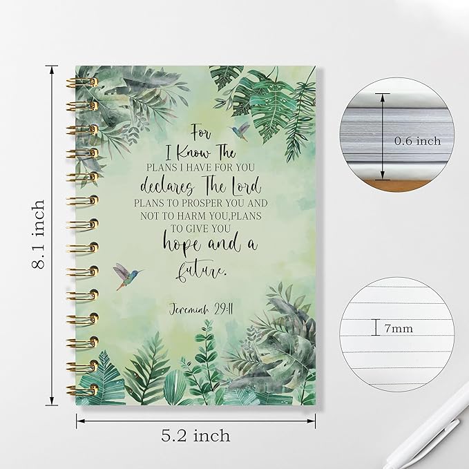 Christian Bible Journals for Women, Prayer Journal for Women, for I Know the Plans I Have for You, Bible Notebooks for Note Taking, Green Tropical Leaves Hardcover Spiral Notebook 5.5x8.3