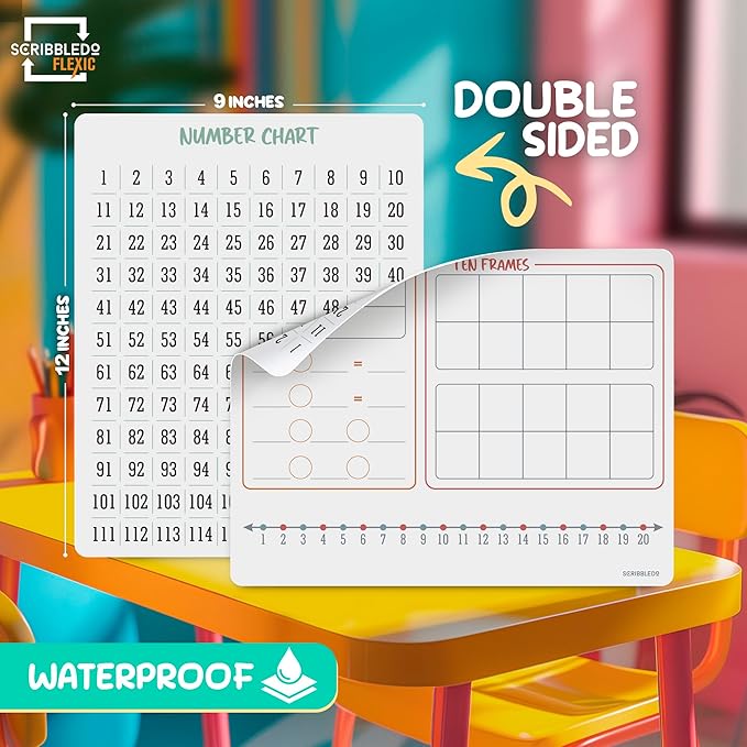 SCRIBBLEDO Bar Model 9”x12” Small White Board Dry Erase Sheets Math Manipulatives Number Chart Ten Frame Number Line Math Supplies Teacher Students Classroom Pack of 10 Sheets