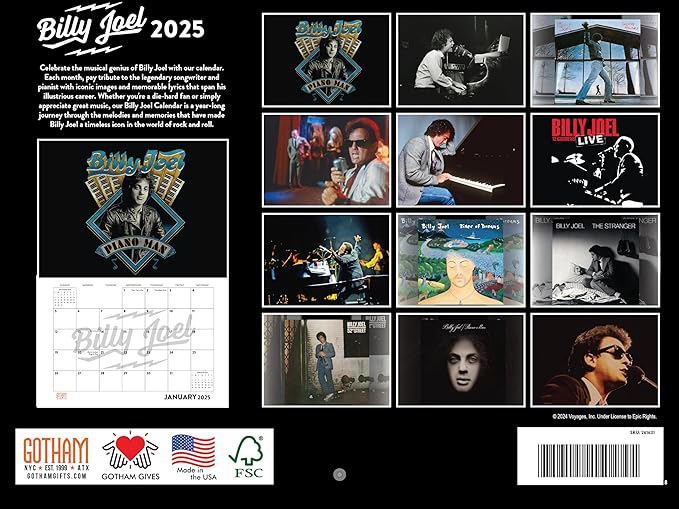 Billy Officially Licensed Joel Calendar 2025 Wall Calander Monthly Music Band Merch 12 Month | American Made In The USA
