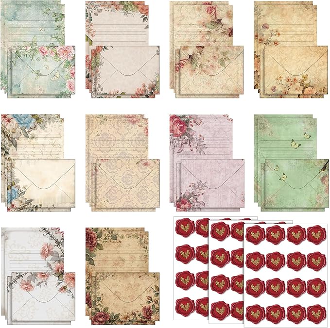 TaoBary 160 Packs Stationery Paper Set (50 Double Sided Stationery Writing Papers 50 Matching Envelopes) 60 Round Dot Sticker, 10 Design(Vintage Floral,5.5 x 8.25 Inch)