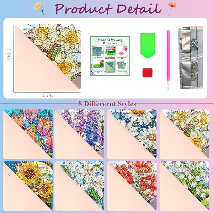 Diamond Art Painting Bookmarks,8Pcs DIY Cute Diamond Art Kits for Adults, Corner Bookmarks Small Crafts Kit for Women Book Lovers (Flower)