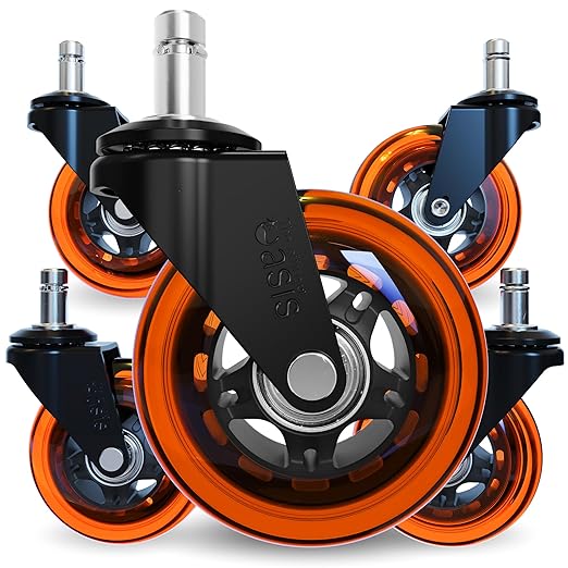 The Office Oasis Original Roller Style Office Chair Wheels (As Seen On PBS) - Smooth & Quiet Casters - Safe for Hardwood Floors & Carpet - Easy Install with Universal Fit - Set of 5 - Orange