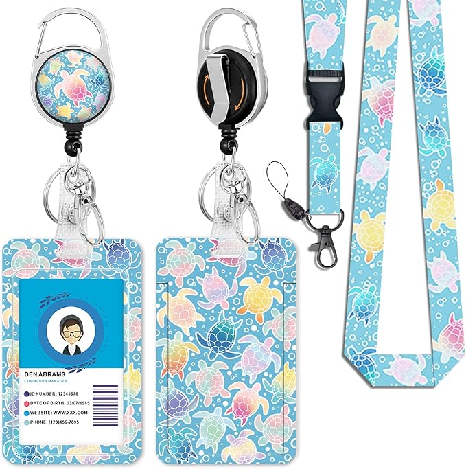 Cute Sea Turtle ID Badge Holder with Breakaway Lanyard, Lanyards for ID Badges Ajustable, Retractable Badge Reel Heavy Duty, Funny Teacher Nurse Work Office Gifts