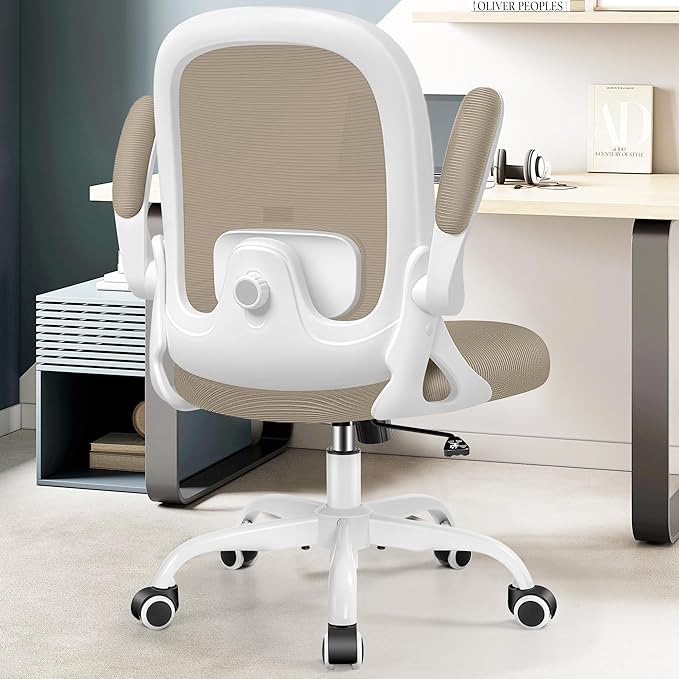 Office Chair Ergonomic Desk Chair with Adjustable 3D Lumbar Support and Height, Comfy Mesh Computer Chair with Flip-up Armrests, Swivel Rolling Task Chair with Wheels for Home Office (Khaki)