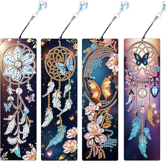 4 Pieces Diamond Painting Bookmarks for Adults 5D Rhinestone Art Bookmarks Dreamcatcher Art Beautiful Butterfly Bookmarks DIY Diamond Painting Bookmarks with Tassels Crafts Supplies