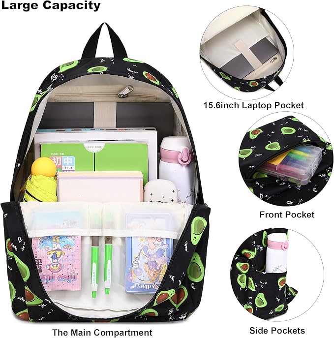 Avocado School Backpack for Teens Girls, Womens College Bookbags Kids School Bags Laptop Backpacks