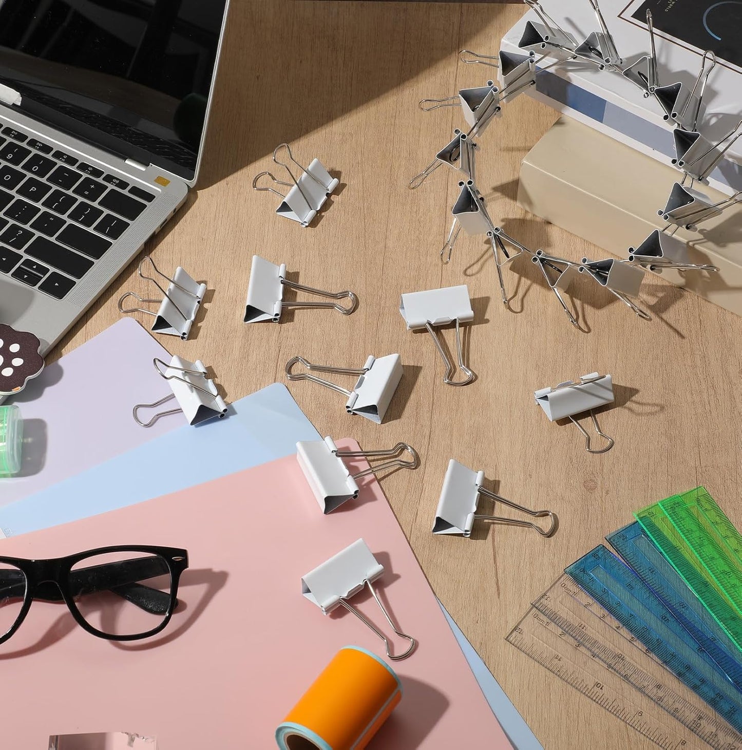 Jetec 100 Pack 1.6in/41mm White Metal Binder Clips Bulk Medium Reusable Fold Back Binder Clips Paper Clamps Spring Steel Sturdy for Home School Office Supplies