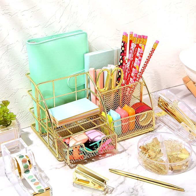 Desk Accessories Office Supplies Set, Christian Charity Donation Supplies Acrylic Stapler Set Staple Remover Tape Dispenser Desk Organizer Pen Holder Binder Paper Clips Ballpoint Scissor(Gold)