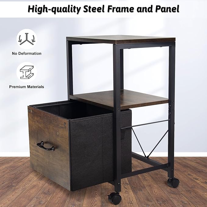 2 Tier Metal Mobile Under Desk Home Printer Stand with Storage Drawer Small File Cabinet for Home Office with Wheels Printer Tables for Small Spaces, Rustic Brown