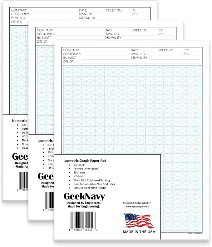 8.5" x 11" Isometric Graph Paper 50 Sheets Portrait - 0.25" Grid, Non-photo Blue, High Brightness, Drafting, Engineering, Art, 3D Design (3-Pack)