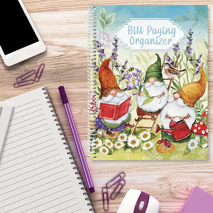 Sweet Gnome Bill Paying Organizer Book - Personal Account book, 9" by 12 inch, Spiral-Bound, 14 Pockets, 32 Label Stickers, Bill Tracking