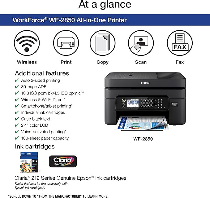 Epson Workforce WF-2850 Wireless All-in-One Printer with Scan, Copy, Fax