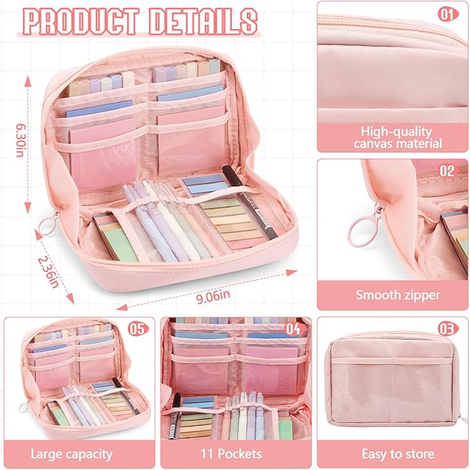 Jutom 39 Pcs Aesthetic Book Annotation Kit Pencil Case Bag with Highlighter Gel Pen 700 Sheets Transparent Sticky Notes Pads Index Tab Bible Study Supplies for School(Pink,Kawaii Style)