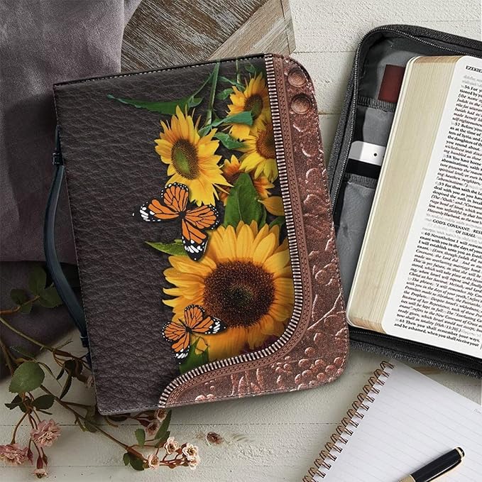 Lotusorchid Bible Covers for Women Men PU Leather Bible Case, Portable Sunflower Butterfly Bible Bag Tote Book Carrying Case Christian Bible Accessories with Handle Pocket, Brown,M
