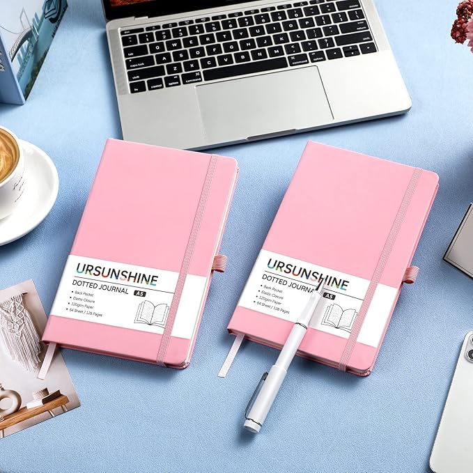 Dotted Journal/Notebook - Dot Grid Hard Cover Notebook, Premium Thick Paper with Fine Inner Pocket, Black Smooth Faux Leather, Pen Loop, 5.3'' x 8.26'' - Pink