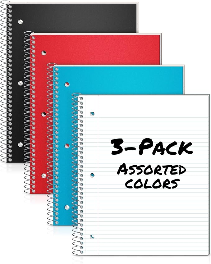 Dunwell 1 Subject College Ruled Notebooks, (3-Pack, Red, Blue, Black) Spiral Notebooks 8.5 x 11, Plastic Covers, Poly Pocket Dividers, 100 Sheets (200 Pages), 3-Hole Punched Perforated Paper