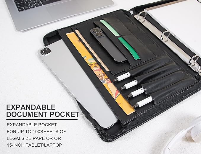 Free Engraved Name, Custom Ring Binder Portfolio, Professional Padfolio Vegans Leather, Document Organizer Folder, Zippered Organizer for 8.5 * 11 inch A4 Letter Legal Pad, Gift for Women/Men, Black