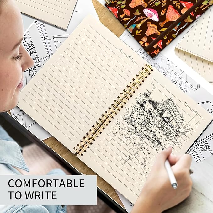 Spiral Journal Notebook, A5 Cute Notebooks for Women Men, College Ruled Hardcover Notebook for Work & Note Taking, 60 Pages Double-Wire Journals for Writing Boho Mushrooms