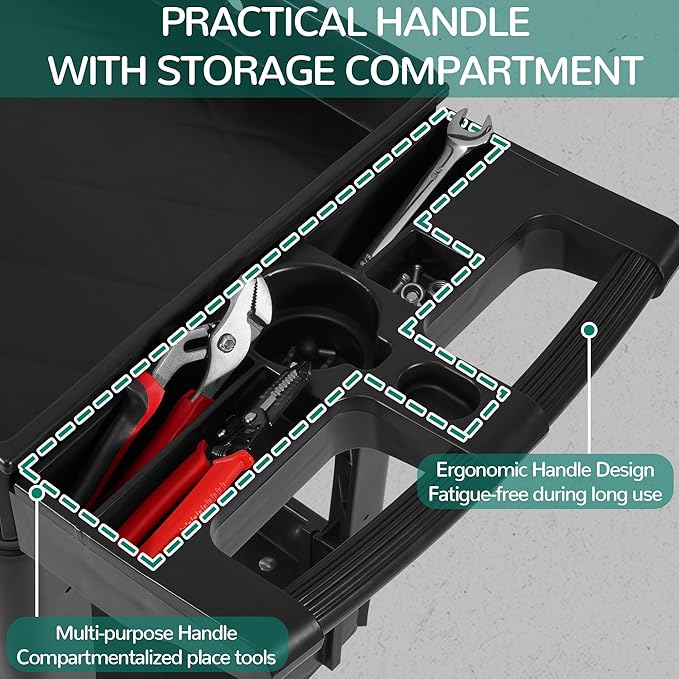 Elevon Service Utility Cart, 2-Shelf 550LBS Heavy Duty Plastic Rolling Tool Cart 2 Swivel Casters with Brakes, Ergonomic Storage Handle for Warehouse, Garage, Cleaning, Manufacturing - Black