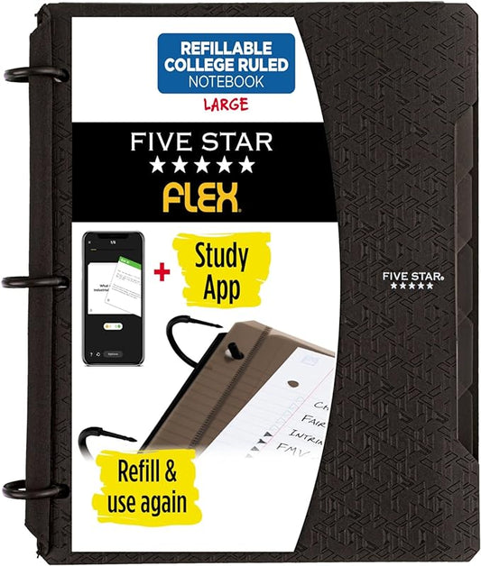 Five Star Flex Refillable Notebook + Study App, College Ruled Paper, 1 Inch TechLock Rings, Pockets, Tabs and Dividers, 200 Sheet Capacity, Black (29328AA2)