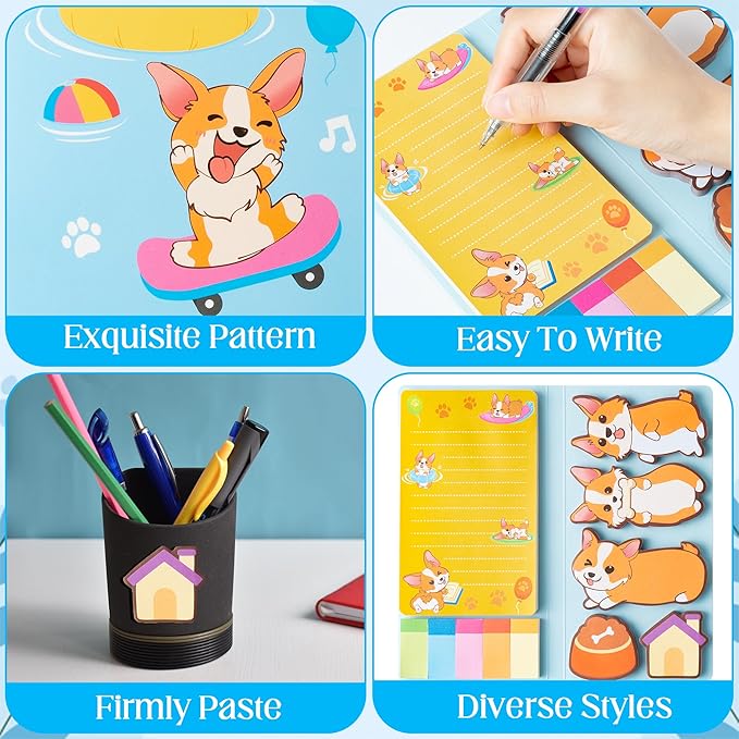 B1ykin Sticky Notes Set - Cartoon Theme Cute Self-Stick Notes Pad Teacher Appreciation Gifts， Self-Adhesive Writing Memo Pages Sticky to Do Notepad for Kids Employee School Office (Corgi)