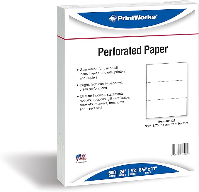 PrintWorks Professional Perforated Paper for Statements, Invoices, Gift Certificates, Coupons and More, 8.5 x 11, 24 lb, 2 Horizontal Perfs 3 2/3" and 7 1/3" From Bottom, 500 Sheets, White (04122)