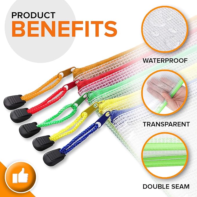 5 Pack Mesh Zipper Pouch Bags 10x14 inch - Plastic Zipper Pouches for Organizing - Document Bags With Zipper - Letter Size Zipper Pouch - Document Pouch With Zipper - Mesh Pouch With Zipper