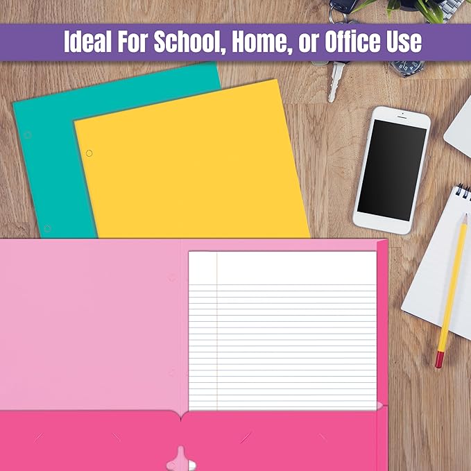2 Pocket Folders, Assorted 7 Vibrant Colors with Complementing Interior Colors, Fits Letter Size Paper, for School, Office, Home (3 Hole Punched, 25)